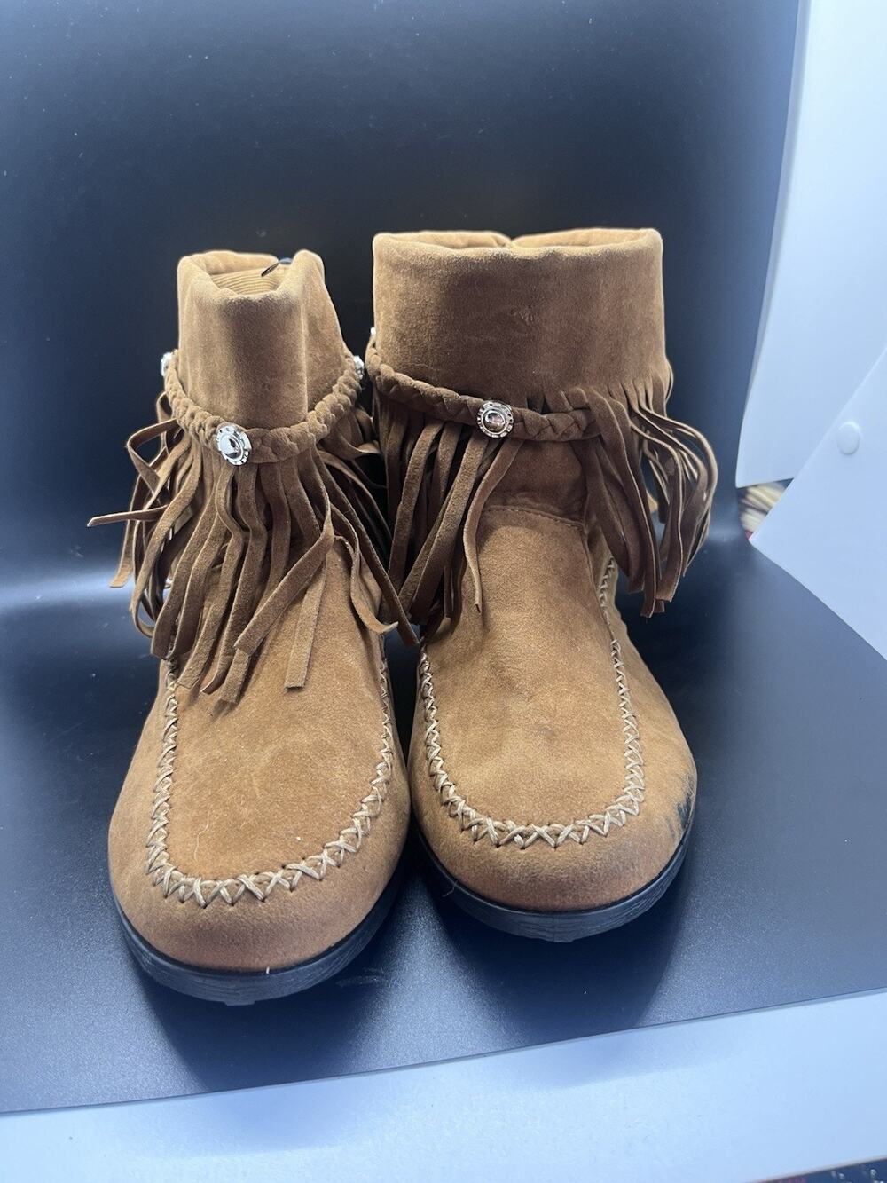 Womens Tassel Casual Fringe Moccasin Ankle Boots Blue Suede